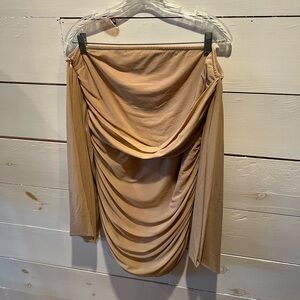 PrettyLittleThing Plus Elegant Tan Ruched dress size 14, off the shoulder, EUC